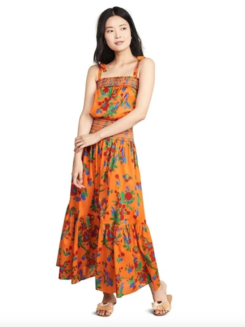 Tory Burch Smocked Sundress in Toucan Floral Orange XS